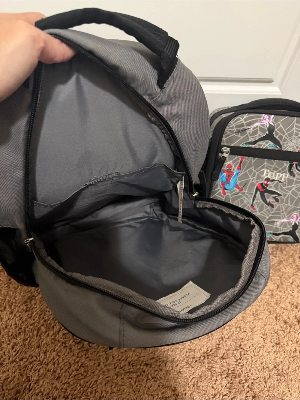 Pottery Barn Kids Gray Spider-Web Print Backpack with Lunch Bag - Gray